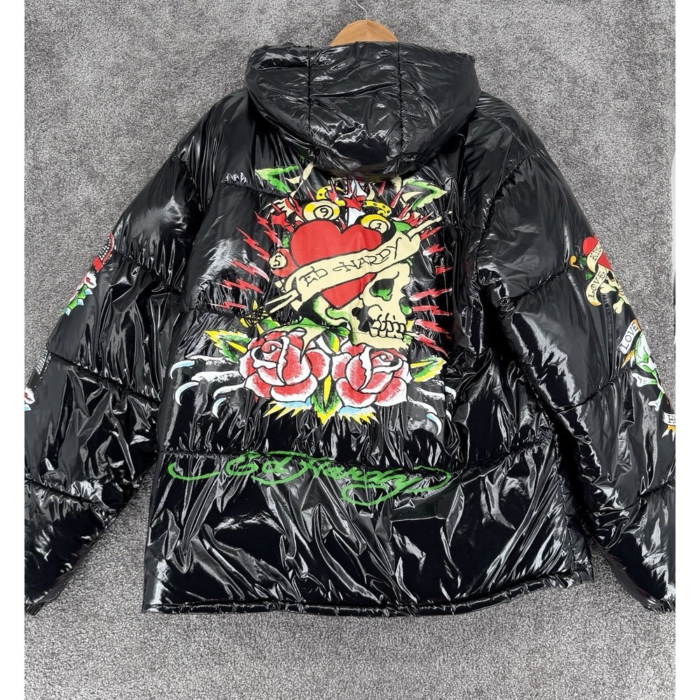 VTG Ed Hardy Men's XXL Shiny Black Puffer Jacket Tiger Skull Tattoo Print YSK